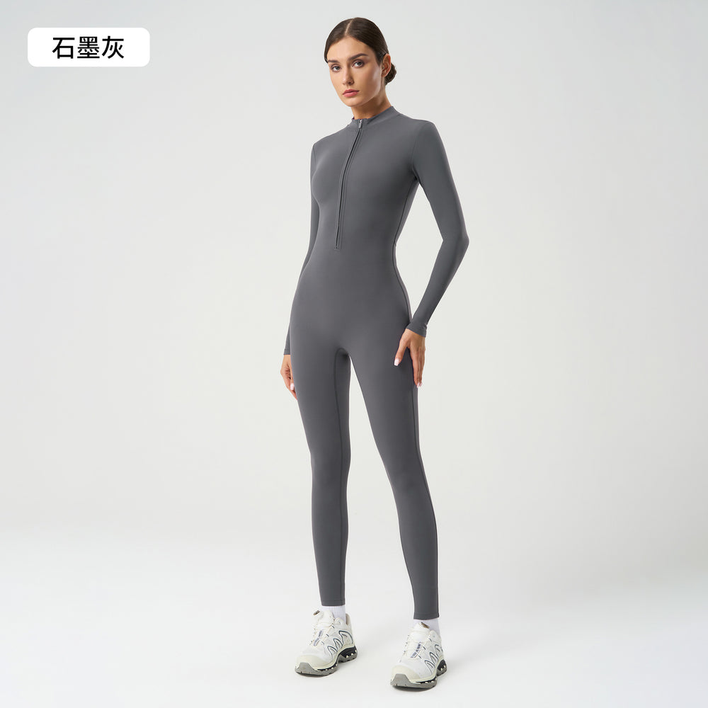 European and american nude feel zipper long sleeve yoga bodysuit high elasticity breathable fitness activewear one-piece tight dlt004