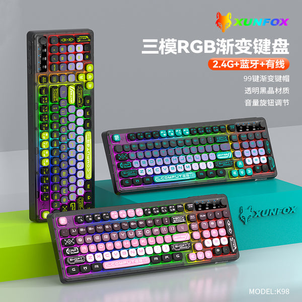 Dazzling Silver Fox K98 Three-mode Wireless Bluetooth Keyboard Desktop Computer Notebook RGB Transparent Game Office Keyboard