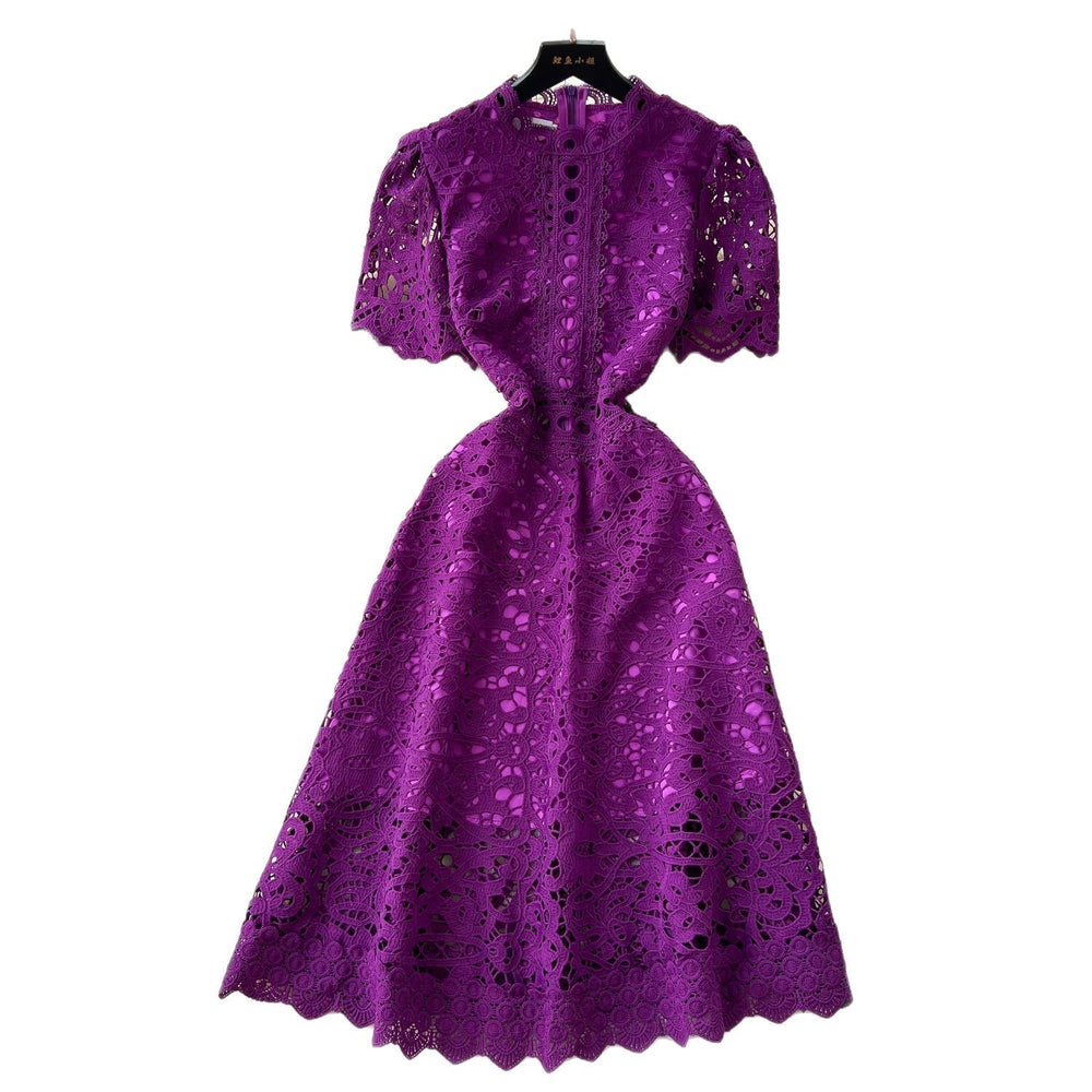 High-end hollow-out crochet lace dress - women's french style, slimming, elegant, short sleeve maxi dress - summer 2025 collection