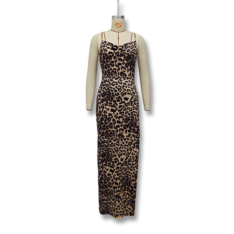 European and american women's clothing  summer new fashion printed slim-fit backless chain strap midi dress - wholesale from manufacturer