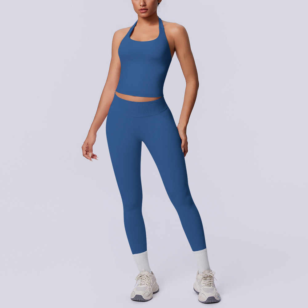 New arrival cross-border seamless pure color halter back tight-fitting suit sports running fitness yoga clothes two-piece set