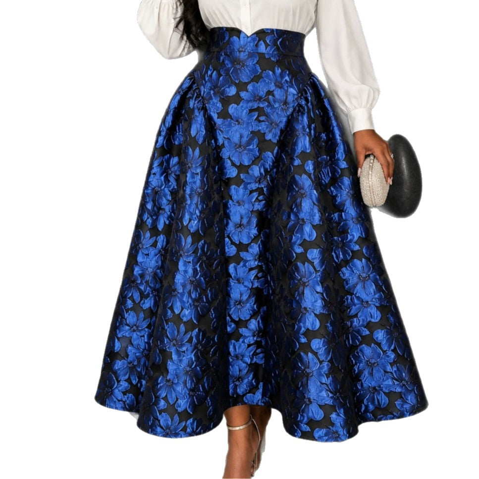 Embossed jacquard blue large a-line skirt high waistslimming look banquet party classyeasiest for match skirt