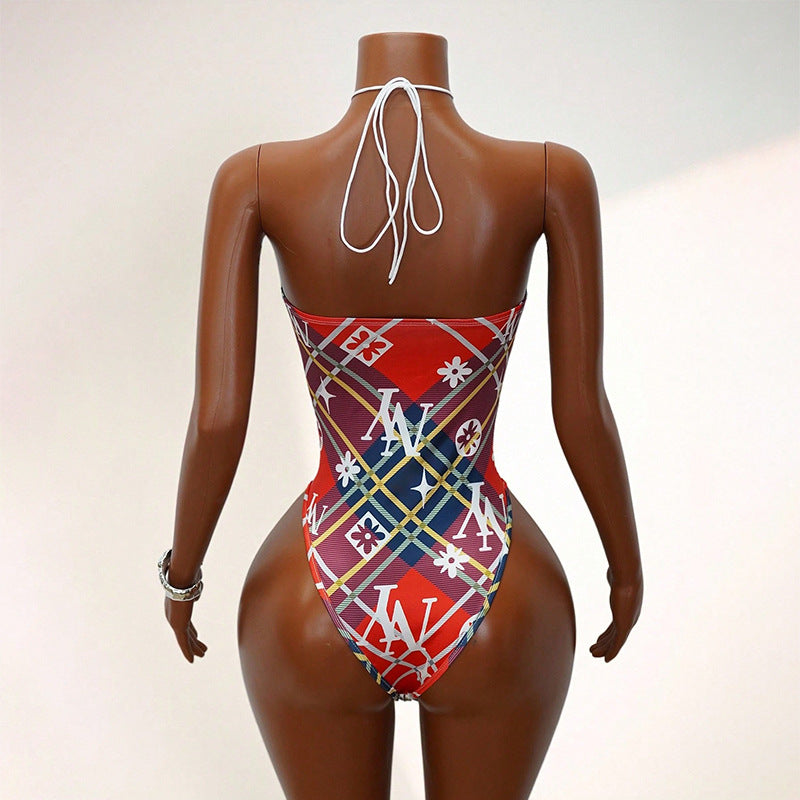 women's patchwork one-piece cutout bikini - edgy, fashionable, sexy halter bodysuit
