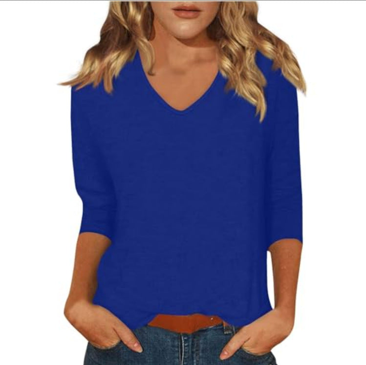 cross-border  women's everyday versatile casual v-neck solid color three-quarter sleeve t-shirt top