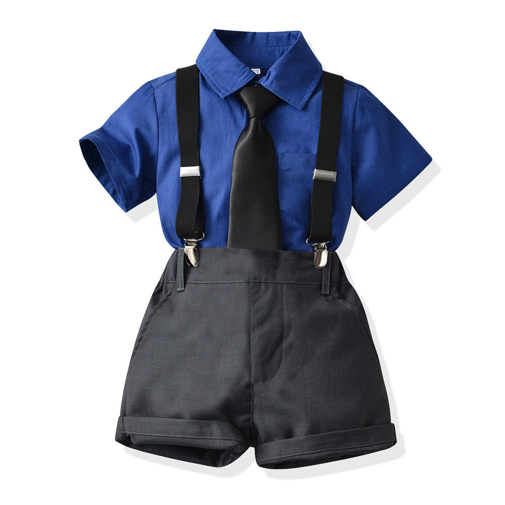 Boys' summer outfit set: new kids' short-sleeve shirt and overalls - stylish summer look for boys, includes tie (perfect for mid-sized children)