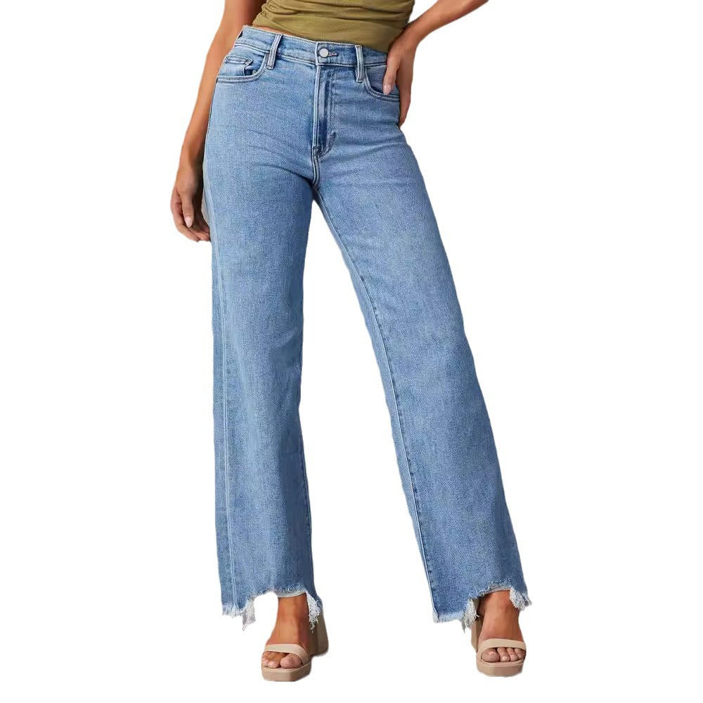 European and american distressed jeans for women - new  style loose wide leg streetwear washed denim pants