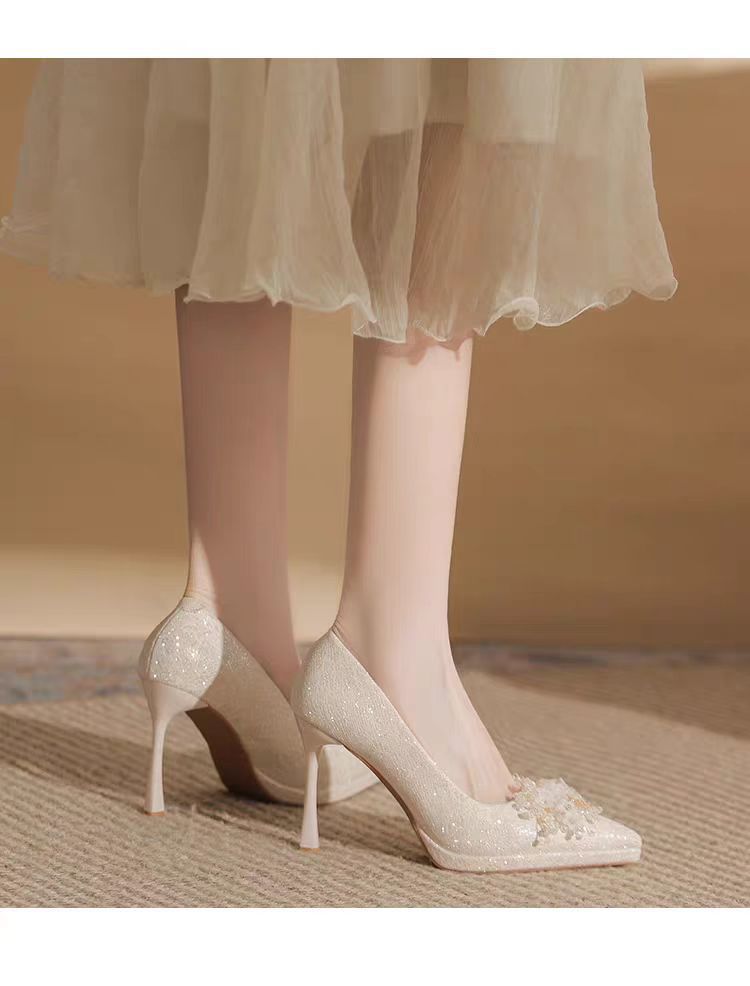 French crystal sequin wedding shoes high heels 2025 new pointed toe platform wedding shoes bridal stiletto pumps