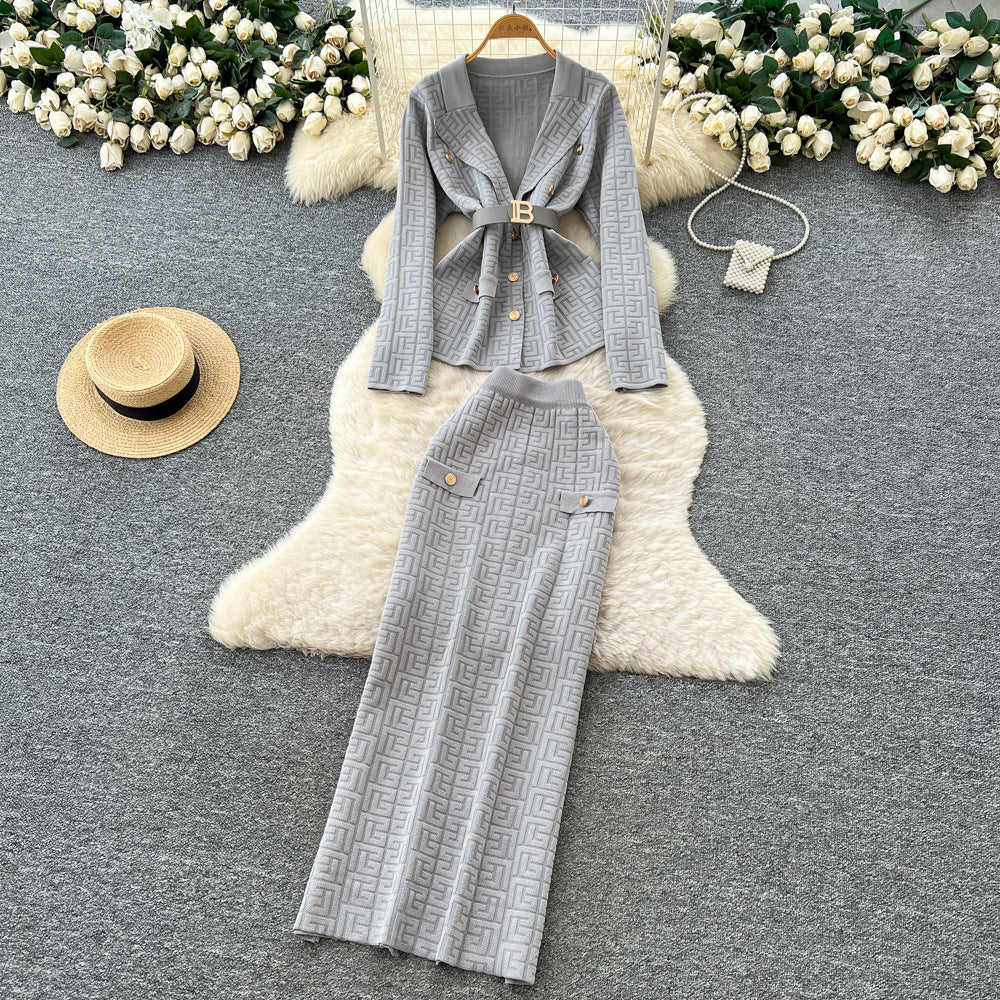 French chic high-end women's autumn set: tie-waist knit top with metal buckle & high-waisted bodycon midi skirt