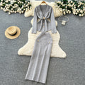 French chic high-end women's autumn set: tie-waist knit top with metal buckle & high-waisted bodycon midi skirt