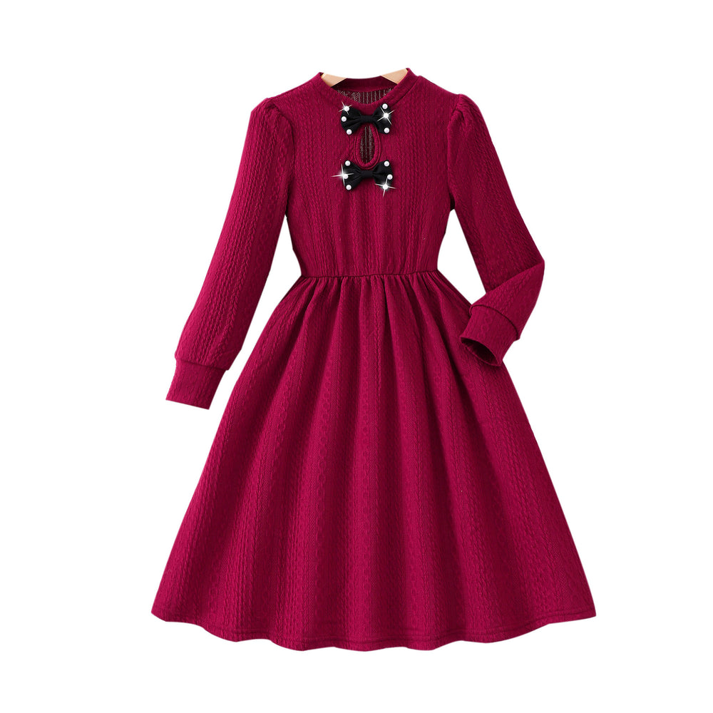 Girls' (tall) dress, autumn long-sleeve solid color bow dress