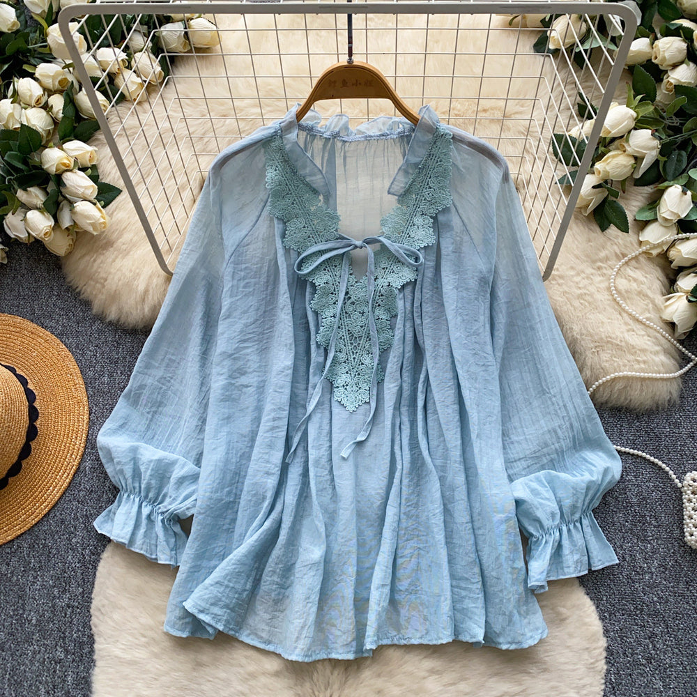 French chic lace trim v-neck tie blouse - women's long sleeve, youthful & flattering, autumn , relaxed fit