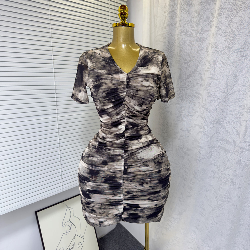 Summernew arrival pure desire sexy tie-dye printing silmv neck elastic mesh dress pleated hip skirt for women