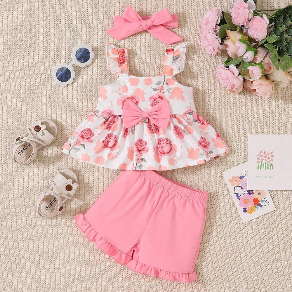 baby sling suit for baby girls 0-2 years old fashion flower sling cute cotton shorts three-piece set for summer