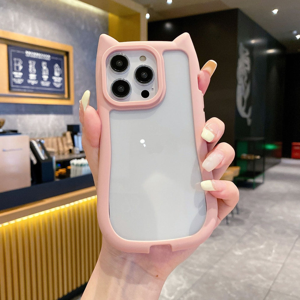 New apple 17 pro max compatible minimalist solid color cat ear phone case, iphone 15 drop-proof pc protective cover