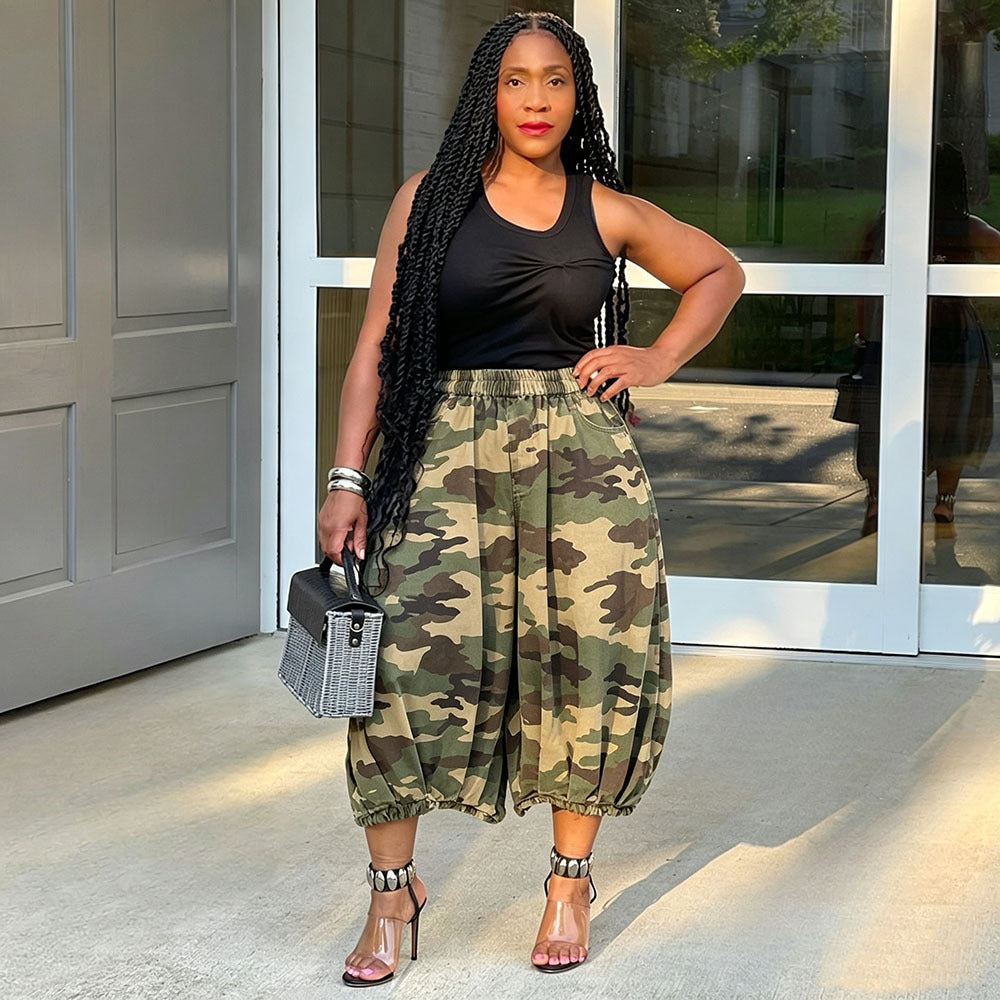European and american style camouflage wide-leg cropped pants -  cross-border casual women's wear - elastic waist, loose fit, plus size jeans