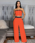 Amazon fashionsexy color matching chest wrap decorative buttons straight-leg high waist wide-leg women's pants suit