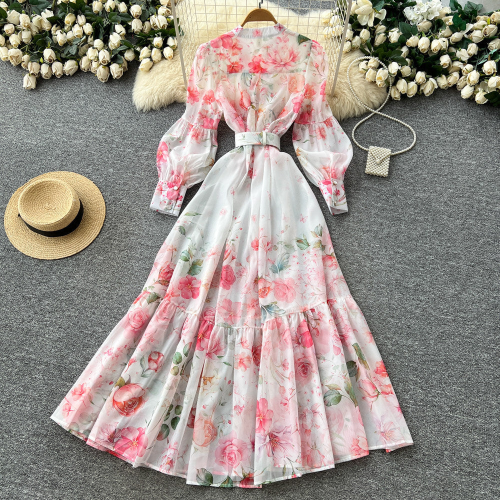Korean style floral rhinestone embellished tie-up dress - women's spring long sleeve high waist a-line maxi dress - elegant commute