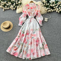 Korean style floral rhinestone embellished tie-up dress - women's spring long sleeve high waist a-line maxi dress - elegant commute