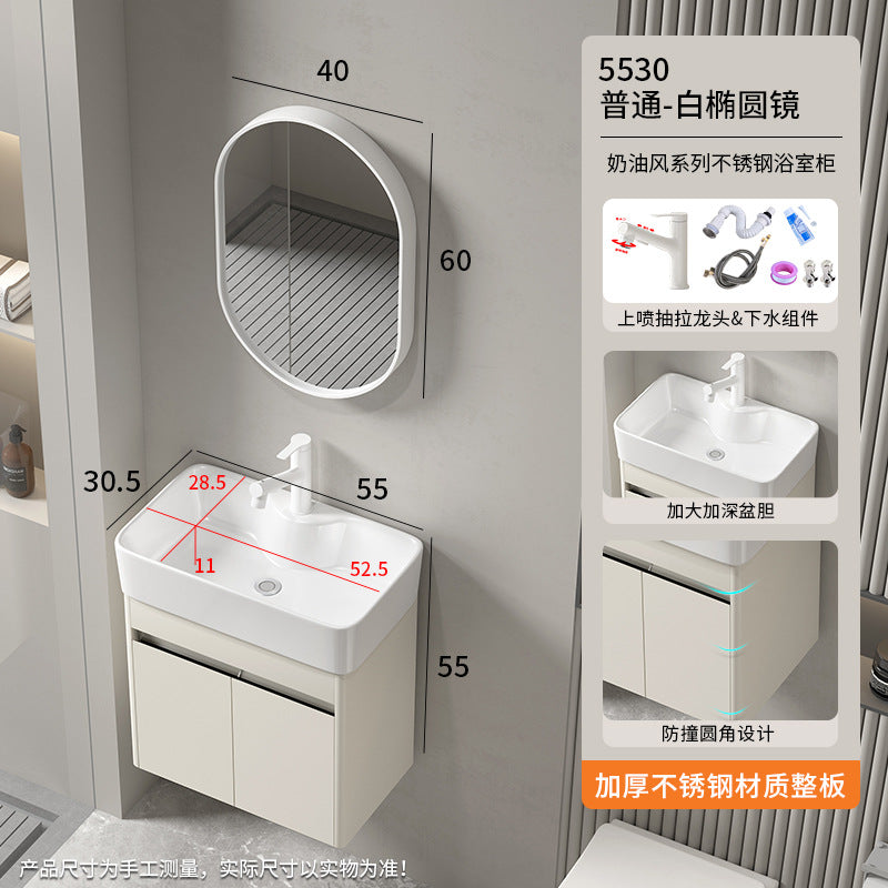 Small apartment bathroom cabinet Thickened stainless steel washstand Integrated cabinet Storage mirror Washstand Deepened ceramic integrated basin