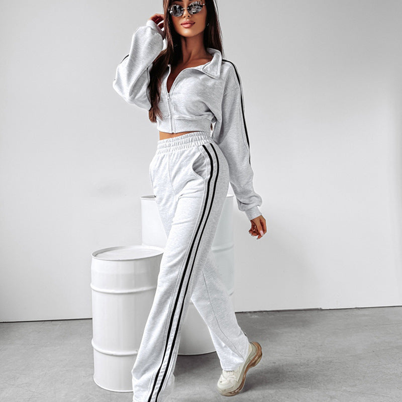 European and American casual fashion suit women's long-sleeved lapel zipper striped cardigan elastic trousers