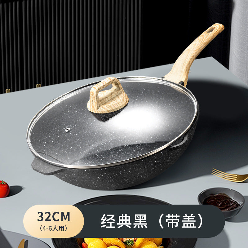 Stripes non-stick frying pan for home cooking pot multi-function gas stove neutral cooking pot wooden handle deep bottom pot