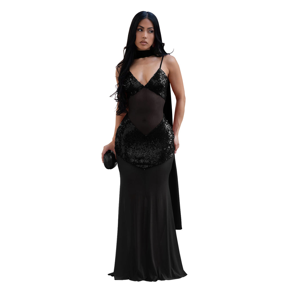 C7647 cross-border   fashion women's sexy mesh suspender v-neck sequin dress