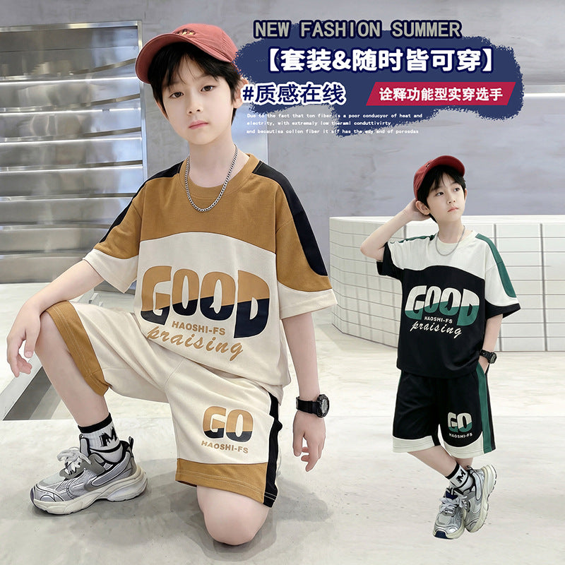 Boys'  summer new design short-sleeve t-shirt set - trendy printed loose-fit athletic casual outfit