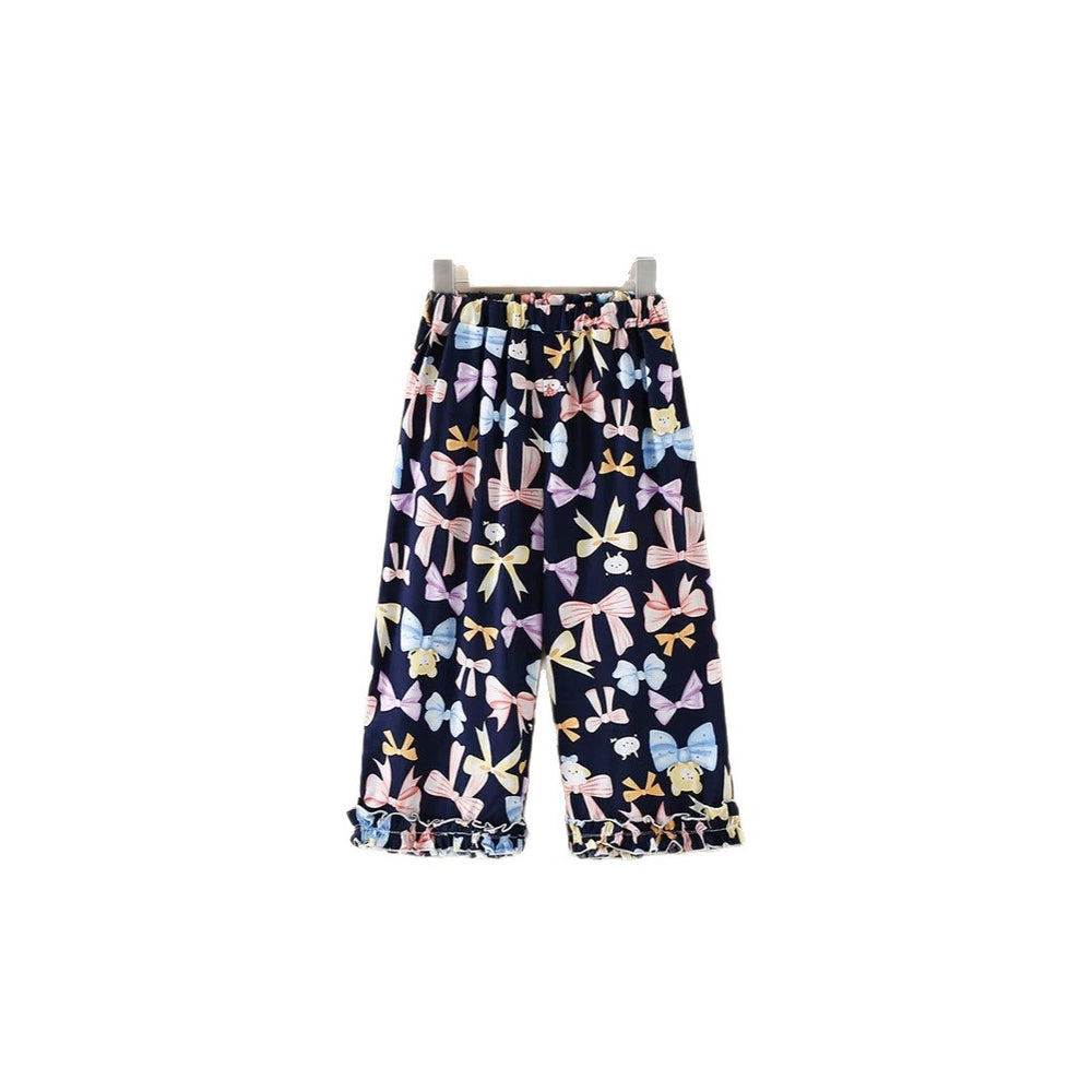 Girls' rayon summer lightweight pajama pants - cartoon print, loose fit, breathable, can be worn outdoors, cropped length