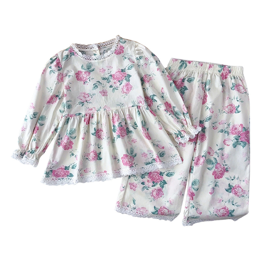Autumn korean style new children's wear: girls' all-over floral print lace blouse and loose wide-leg pants set - kids' loungewear