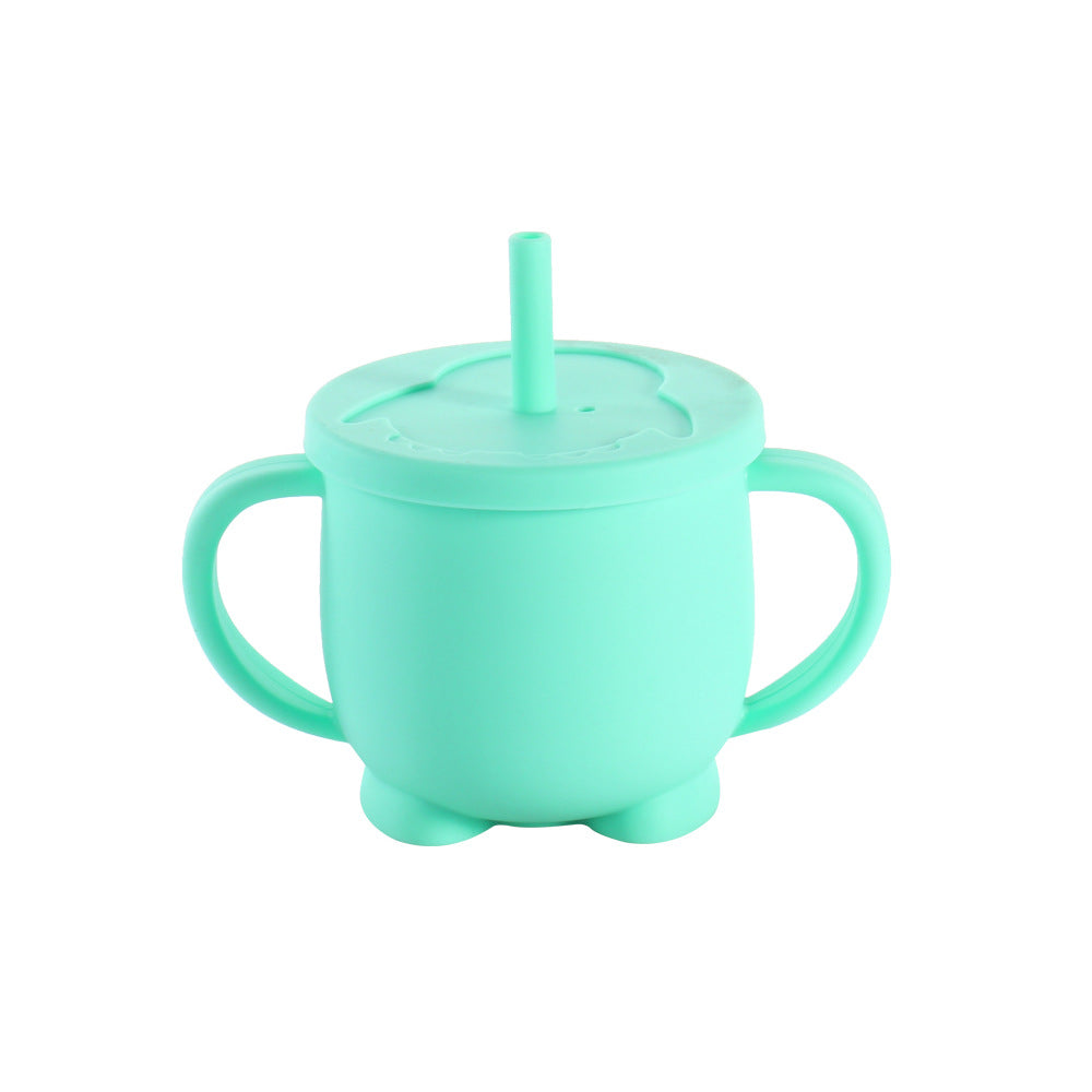 Factory baby silicone binaural straw cup drop resistant high temperature resistant baby drinking cup penguin water cup feeding tableware