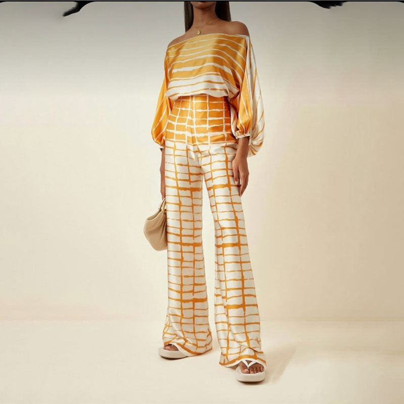 european and american women's fashion printed off-the-shoulder loose batwing sleeve cinched-waist wide-leg pants two-piece set, customizable