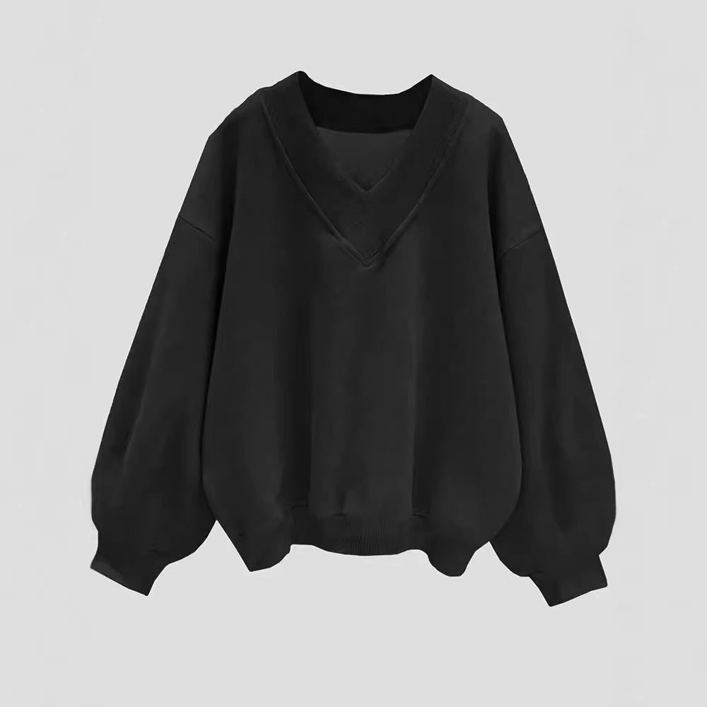 Amazon cross-border foreign trade autum gray sweatshirt short-sleeved k-stylecasualloosev necktopsplaidlong sleeves