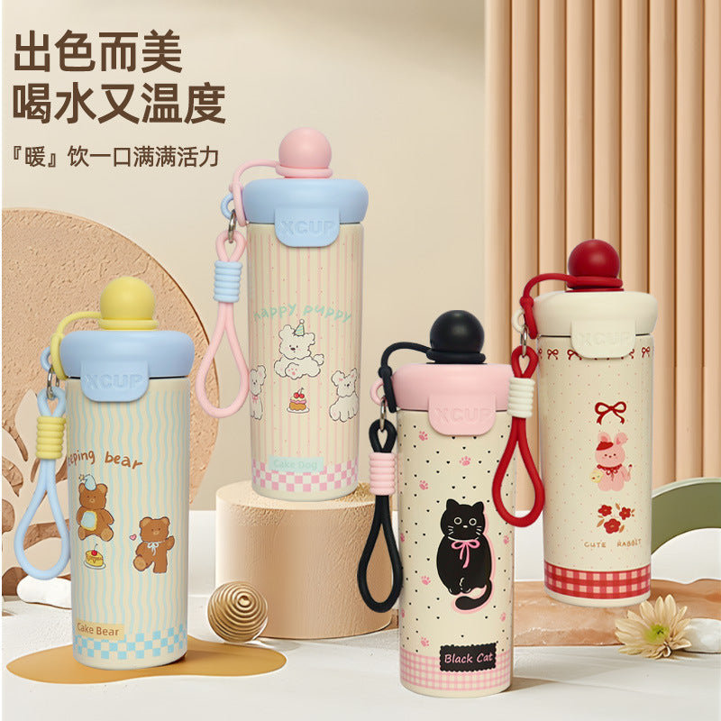 Dog-themed minimalist kids' thermos - 316 stainless steel, stylish design for girls, dual-drink straw, insulated, portable for students
