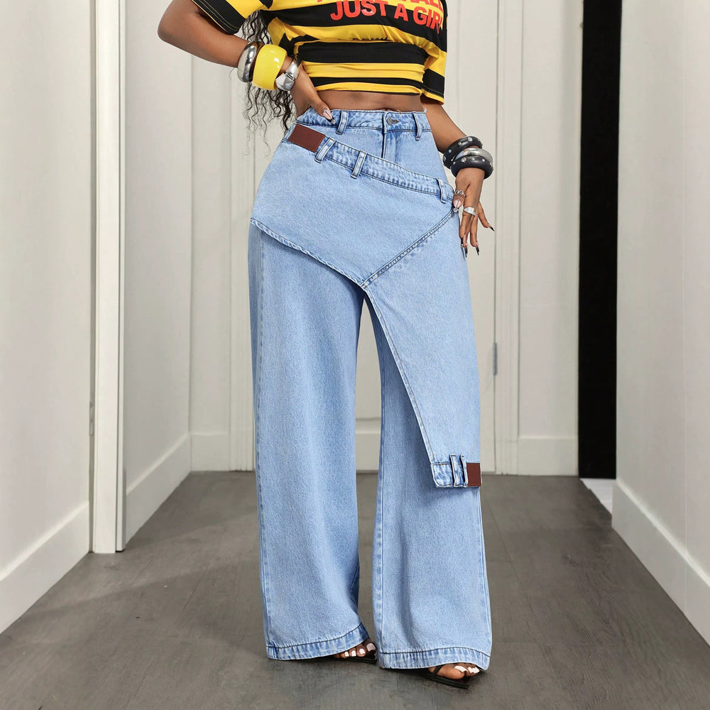 X-pre-sale-66703# cross-border fake two-piece casual versatile straight-leg women's jeans pants