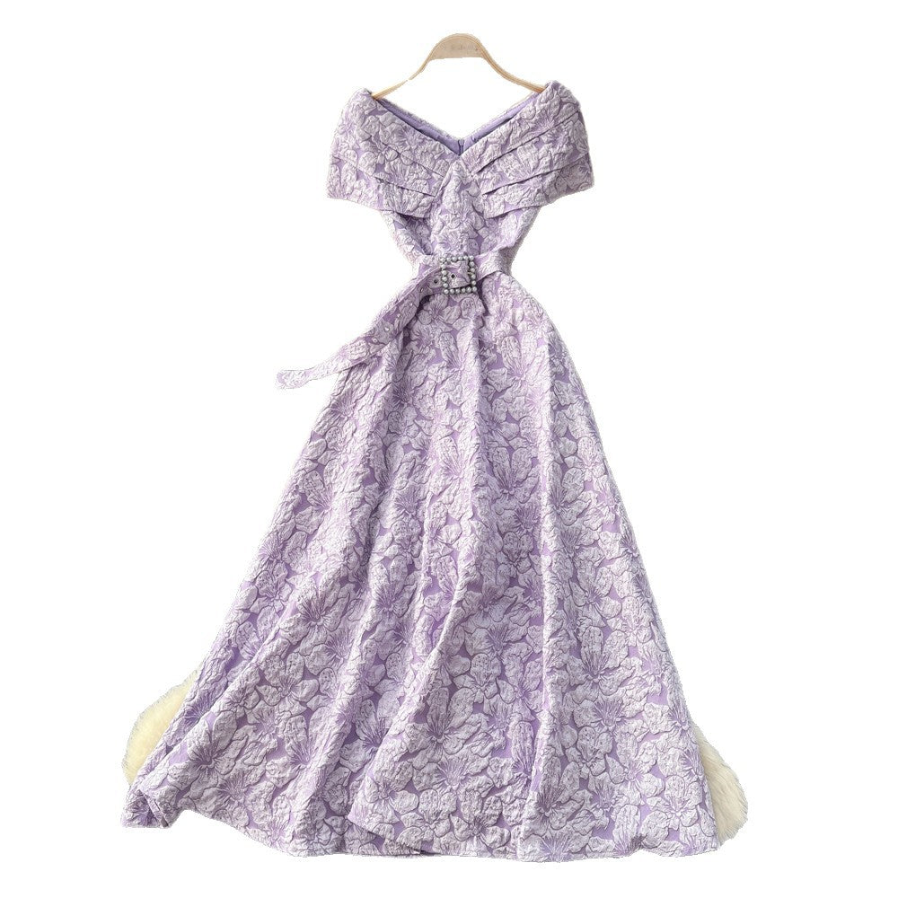 French chic blue floral dress - women's summer korean style bubble high waist slimming a-line maxi dress - elegant