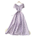 French chic blue floral dress - women's summer korean style bubble high waist slimming a-line maxi dress - elegant