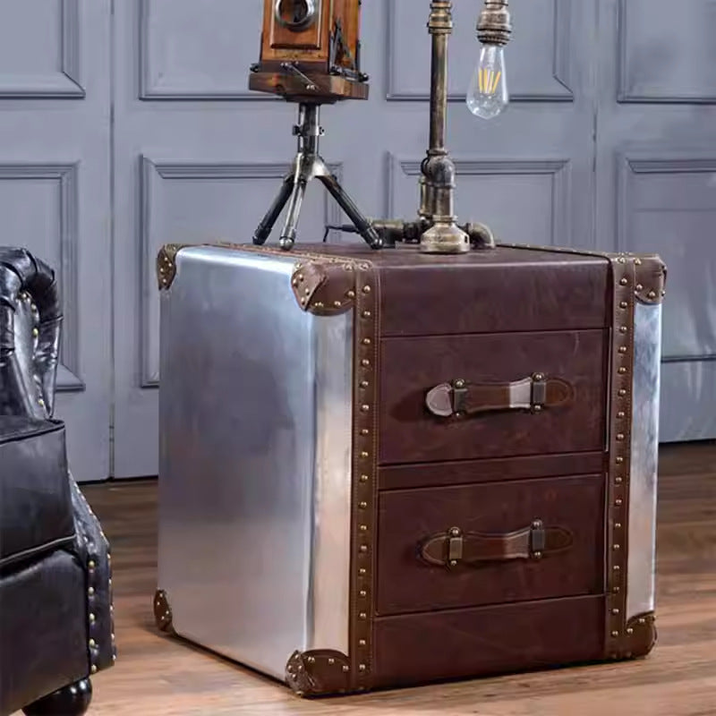 American retro coffee table and side table set - metal aluminum, genuine leather, industrial style for office, cafe, or cigar shop