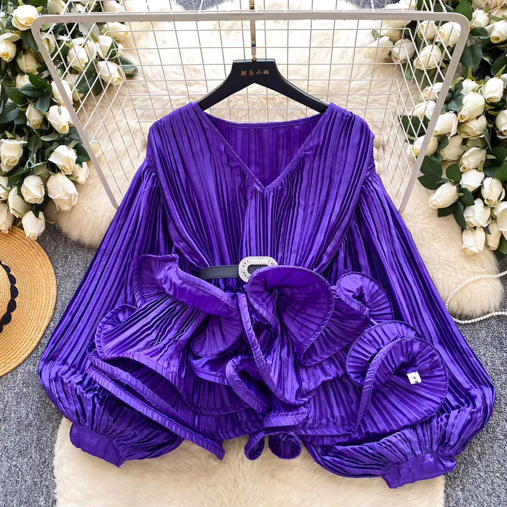 Accessible luxury socialitesatin pleated long sleevesshirt women's ruffles lantern sleeveselegantlooseniche stylesense of designtops