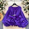 Accessible luxury socialitesatin pleated long sleevesshirt women's ruffles lantern sleeveselegantlooseniche stylesense of designtops