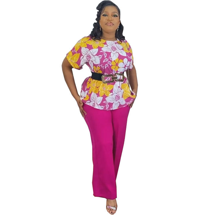 supply printing round neck pullover loose short-sleeved topsmatchingpure colorstraight-legpants including belt special price