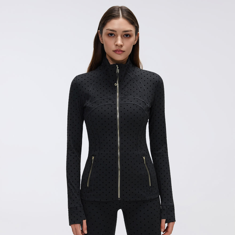 Big brand same style beautiful black polka dot yoga leggings women's stand collar jacket outwear silmslimming look sports suit