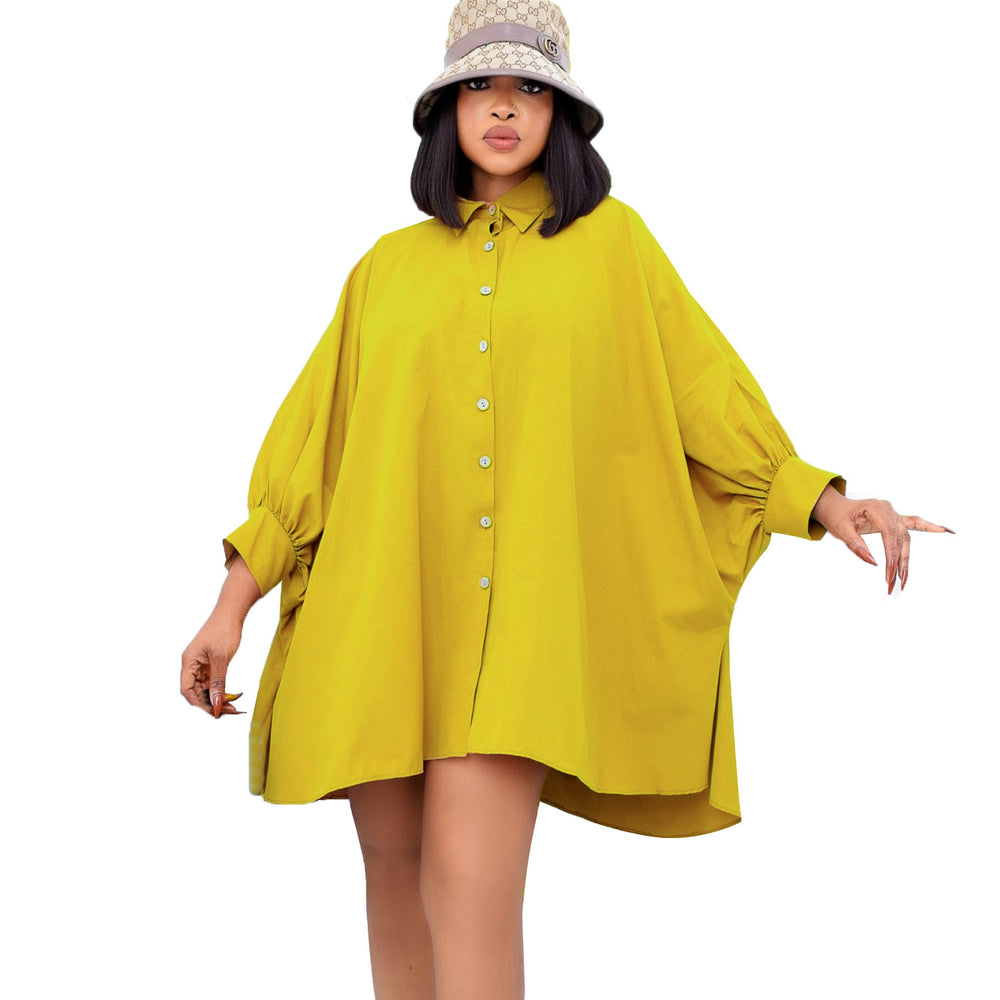 D3089  spring new arrival loose waist elegant lapel pure colorplus size shirt skirt european and american cross-border dress