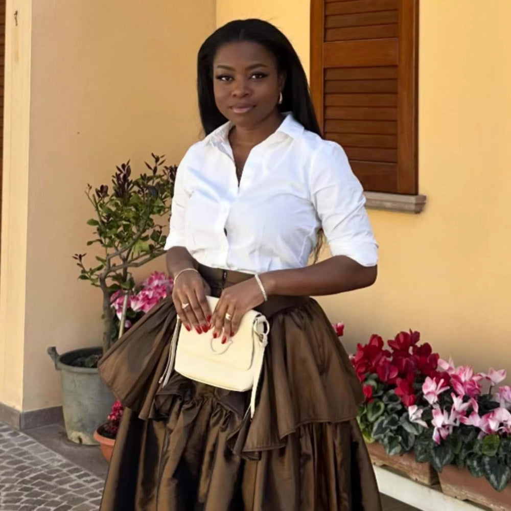 European and american cross-border women's fashion  summer new high-waisted ruffle pleated a-line midi skirt
