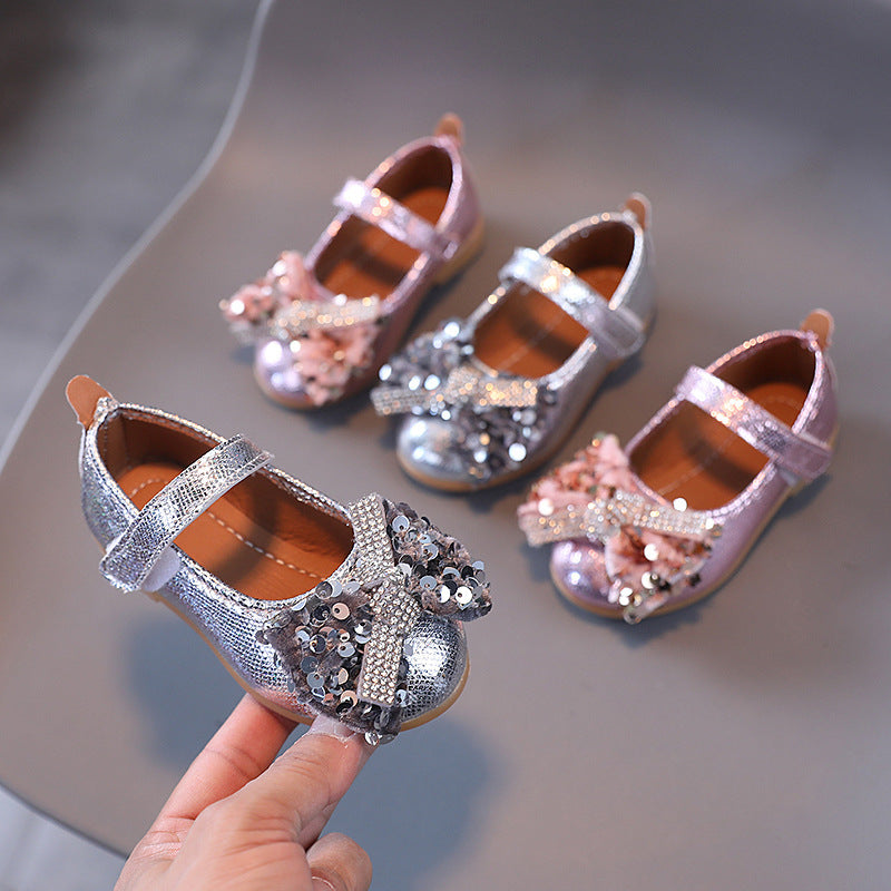 Girls' princess shoes - spring/autumn leather shoes for baby girls, summer soft-soled children's shoes, kids' shoes with sequin bow, princess style