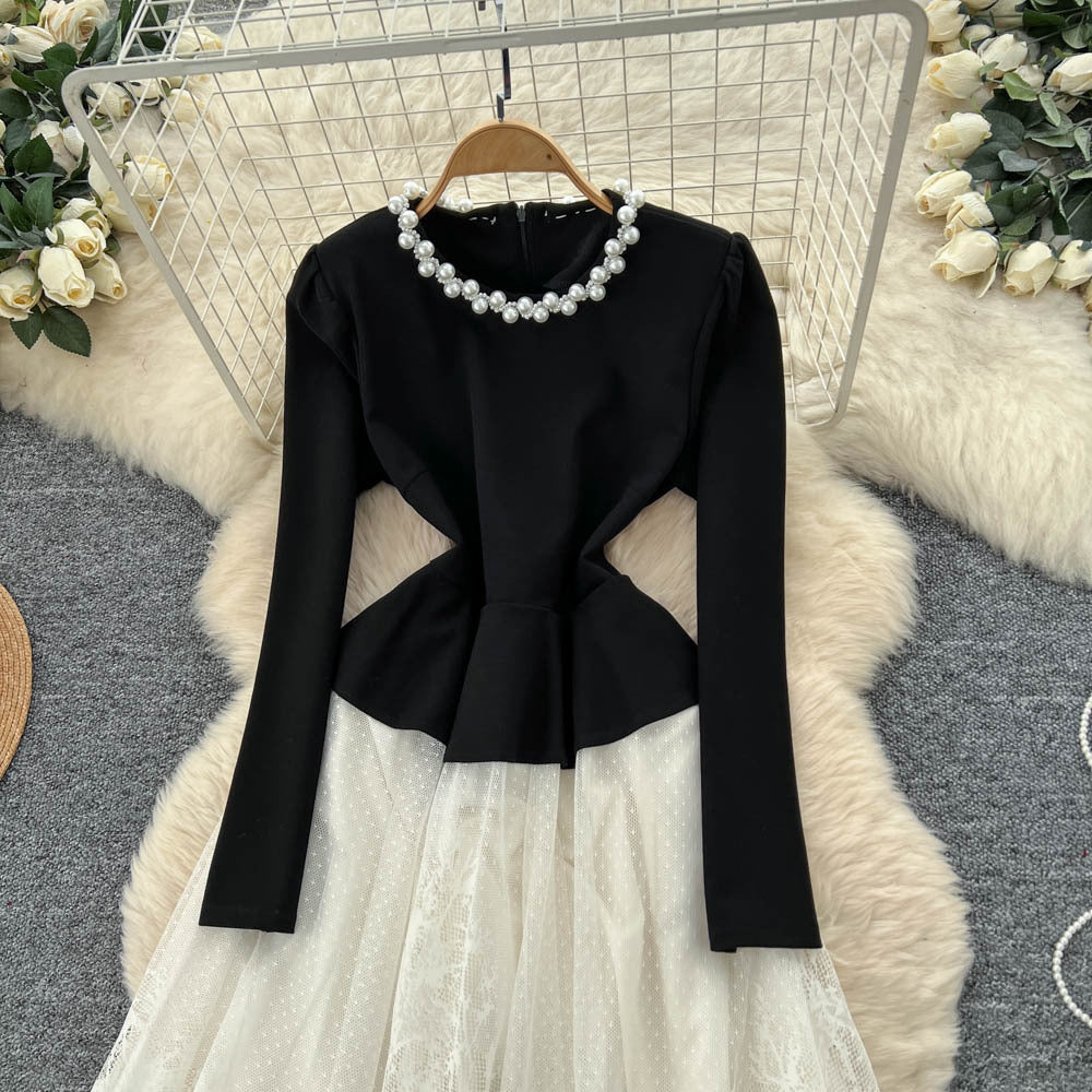 French hepburn style heavy beaded round neck long sleeve lace patchwork dress women's  autumn fitted waist evening gown