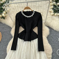 French hepburn style heavy beaded round neck long sleeve lace patchwork dress women's  autumn fitted waist evening gown