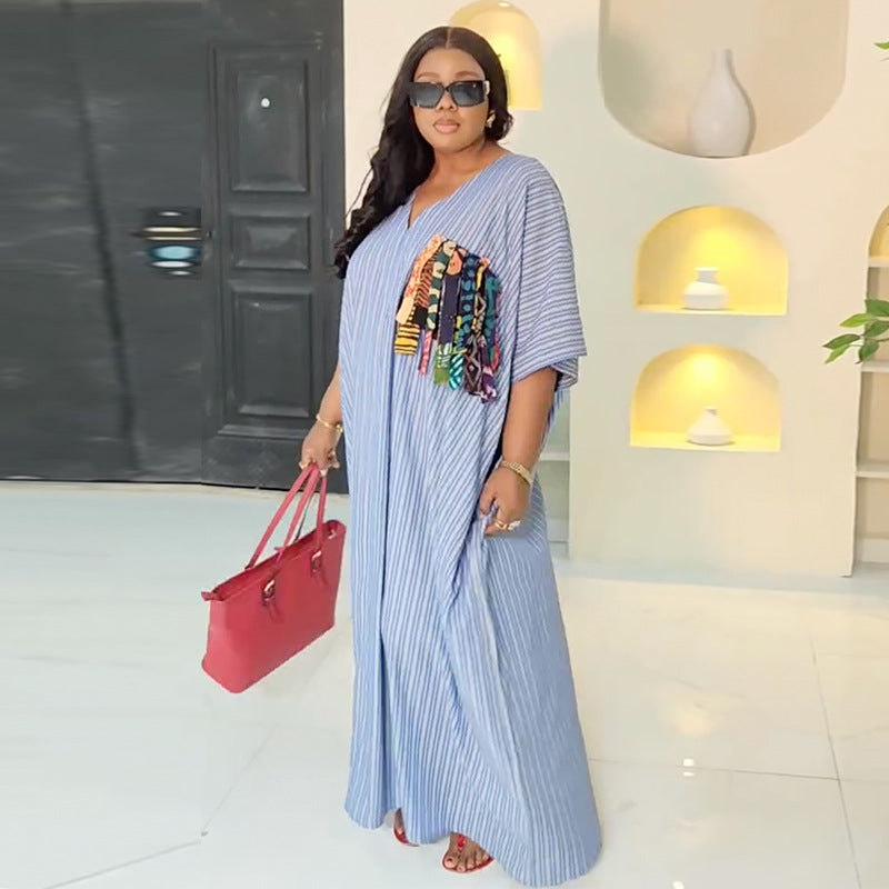 European and american women's clothing  autumn new sweet and fresh loose plus size striped v-neck short sleeve dress maxi dress