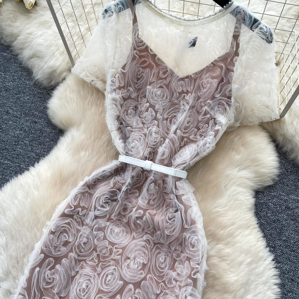 French romantic white lace camisole dress - women's summer high-waisted, slimming, elegant long dress