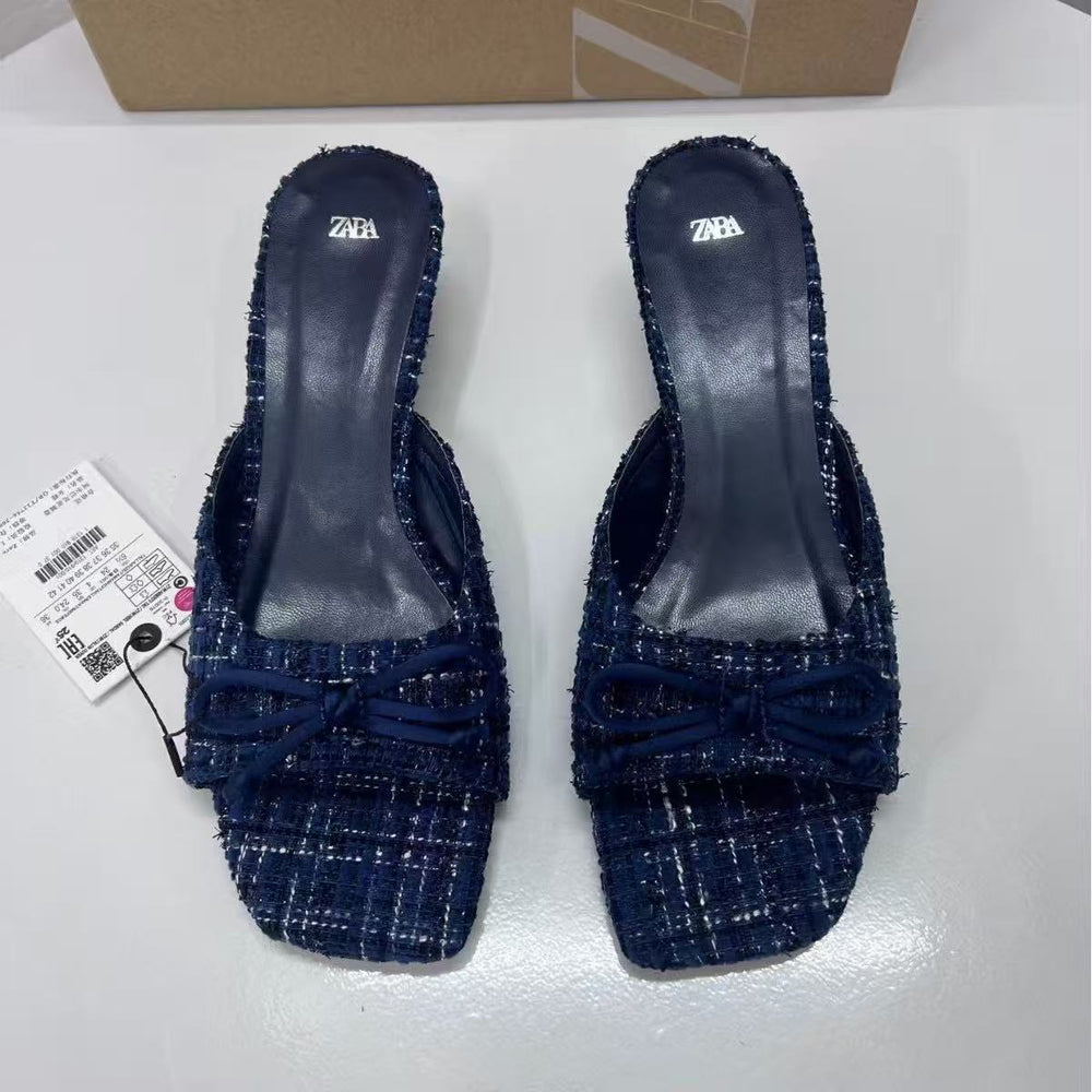 Za summer 2025 new women's bow-embellished high-heeled square-toe mules - stylish and elegant open-back sandals
