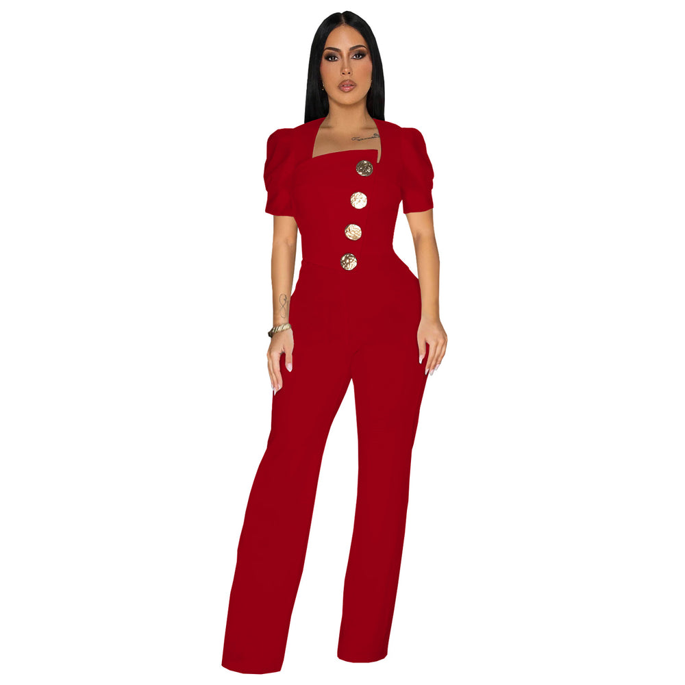 C7378 cross-border   fashion women's large button short sleeve sporty wide leg jumpsuit new